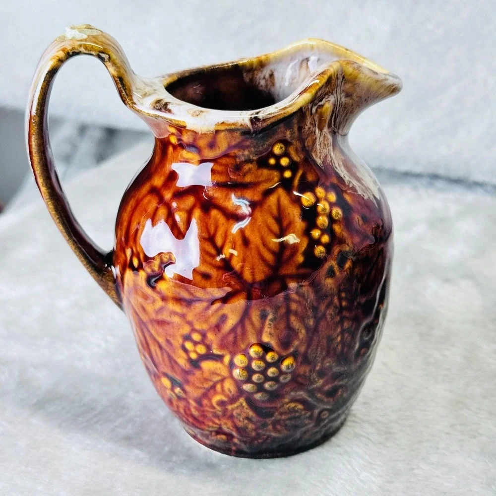 Drip Glaze Pottery Basin Pitcher & Bowl Set‎ Rustic Brown Stoneware Cabincore